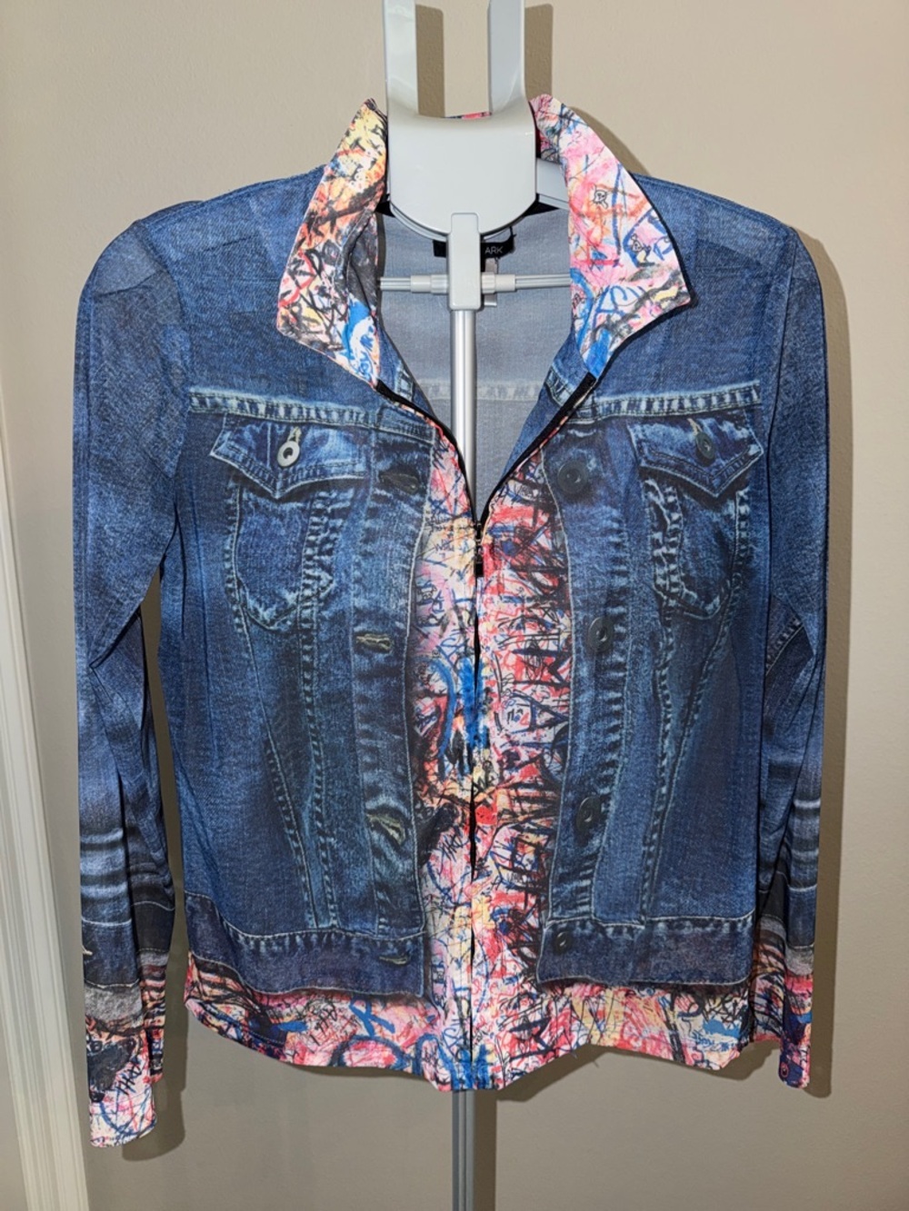 John Mark Denim-Print Jacket Sheer Colorful Abstract Trim Blouse